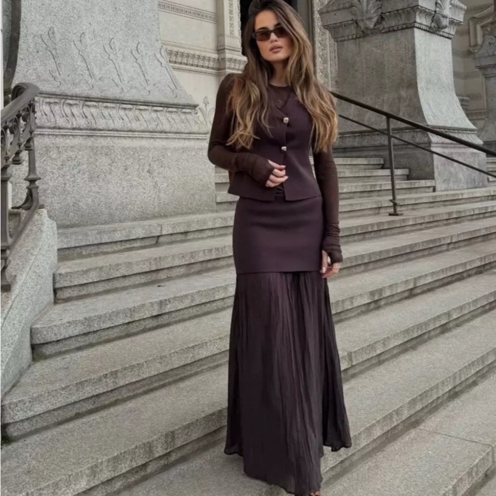 Zara NWT dark brown mixed combination midi pleated contrasting skirt - Picture 7 of 15